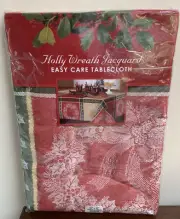 Christmas Red Green Holly Wreath Jacquard Tablecloth 52 x 52 Bardwill Linens