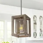 LNC Pendant Light 1-Light Dimmable, Cage in Gray Wood w/ Rustic Metal Cage Shade