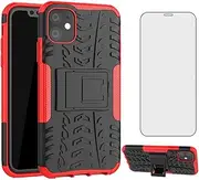 Phone Case for Apple iPhone 11 6.1 with Tempered Glass Screen Protector Cover and Stand Kickstand Hard Rugged Hybrid Heavy Duty Cell Accessories iphone11case iPhone11 i Phone11 XI 11R Cases Red