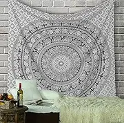 RAJRANG Elephant Mandala Tapestry Cotton Wall Hanging Hippy Tapestries Hippie Beach Throw College Dorm Decor Bohemian Boho Bedsheet - Grey - 84x54 Inches