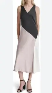DKNY Women Midi Slip Satin Dress Fit&Flare Color block Black/Cloud Size 12 NWT