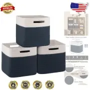 3-Pack Woven Cotton Cube Storage Baskets - Stylish White & Blue Organization