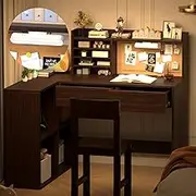 NKUGCFC Kids Desk and Chair Set, 41" x 31" Espresso Study Desk with LED Lights, Storage Drawers & Bulletin Board, Corner Desk for 5-12 Year Old Boys Girls