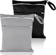 Heyu-Lotus 2 Packs Wet Bag, Waterproof Wet Dry Bags Reusable Washable Cloth Diaper Bags Nappy Bags with Double Zipper Pockets for Baby Items Wet Clothes Swimming Gym Pool Beach Bag, Black+grey,