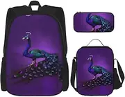 [CADREWY] Purple Peacock Pattern Print Travel Bag Adjustable Shoulder Straps Lunch Bag Pencil Case Large Capacity Bag, Black, One Size