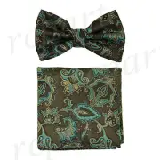 Men's Pre-tied Bow Tie & hankie set floral pattern brown blue formal prom