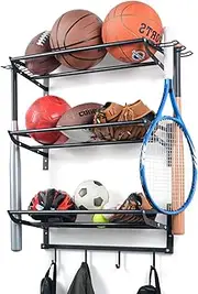 XCSOURCE Garage Sports Equipment Storage Rack with 3 Separate Shelf, Ball Rack, Sport Equipment Organizer with 4 Hooks for Badminton Racket, Basketball Rack for Basketball Football Rugby