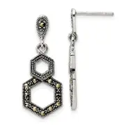 Sterling Silver Antiqued Marcasite Hexagon Post Dangle Earrings