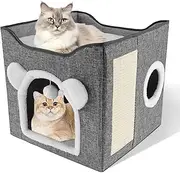 Indoor Cat Cube House - Foldable Bed With Fluffy Ball and Scratch Pad, Interactive Cave, Kitten Condo Hideaway Hut for All Seasons
