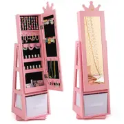 Costway 360° Swivel Jewelry Cabinet 3in1 Armoire Dressing Mirror w/Rear Rack Storage Organizer Pink
