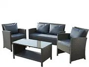 ALFORDSON 4pcs Outdoor Patio Furniture Garden Sofa, PE Wicker Rattan Lounge Chair and Glass Coffee Table 4 Pieces Setting, UV-Resistant Conversation Set with Back Pillows & Seat Cushions, Dark Grey