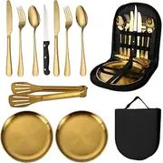 10 Pack Travel Tableware Fork Spoons Plate Cutlery, Stainless Steel Silverware Set Gold, Picnic Portable Stainless Steel Cutlery for Hiking and Camping (Gold)