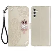 Compatible For Samsung Galaxy A15 4G Case Rhinestone Decor Leather Stand Cellphone Wallet Cover Gold
