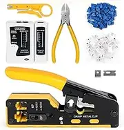 RJ45 Crimp Tool Kit, All-in-One Ethernet Crimper Cat5 Cat6 Cat7 Crimping Tool with Network Cable Tester, Mini Stripper, Blades, 50Pcs Connectors and Strain Relief Boots