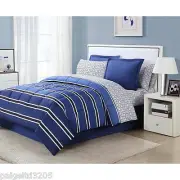 Essential Home 6-pc TWIN Comforter Bedding Bed Set - Rugby Stripe Blue/White/Blk