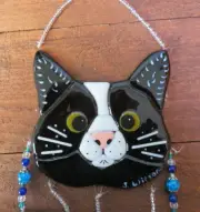 Handcrafted Fused Glass Whimsical Black/White Tuxedo Cat (Gold eyes) Wind Chime