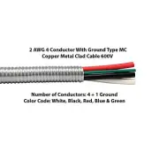 50' 2/4 Type MC Copper Metal Clad Cable With Ground Aluminum Armor 600V