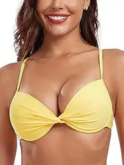 [RELLECIGA] Women's Push Up Bikini Top Twist Front Underwire Bathing Suit, Lemon Yellow, S