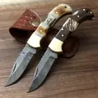Damascus steel Folding Pocket Knife Lot Ram Stag and Wood Handle with Sheath