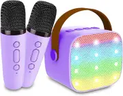 Portable Bluetooth Karaoke Speaker with 2 Wireless Microphones & LED Lights For