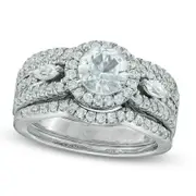 6.5mm Lab-Created White Sapphire Frame Bridal Engagement Ring Set in Sterling Silver