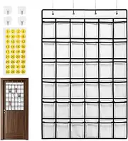 Cell Phone Holder Pocket Chart - Phone Storage Organizer, Durabble Cell Phone Pouch Chart | 42 Pockets Clear Pocket Phone Holder, Wall Door Organizer with 8 Hooks and Number Sticker for Classroom