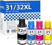 31 32XL Ink Bottle Set Refill 4 Pack Replacement for HP 31 Ink Bottle Set & 32XL Black Ink Bottle for Smart Tank 5000 7602 6001 5101 5103 7301 5102 Plus 651 551 Ink Refill (Black, CMY)