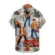 Men's Car Cowboy Shirt Button Up Shirt Short Sleeve Vintage Sports Fashion Outdoor Daily Weekend Summer Spring Turndown Print Blue