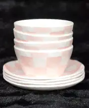 16 Pastel Pink White Checkered Melamine Appetizer Plate & Tidbit Bowl Rosy Check