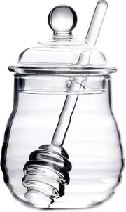 300ml Honey Jar with Spoon and Lid Glass Honey Pot with Dipper Heat Resistant Glass Honey Dispenser Glass Container_SZXM
