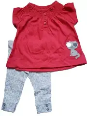 Infant Baby Girl Coral & Grey Leopard Print Cat Kitten Top & Pants 2 Pc Set