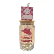 HOWDY Cowgirl Pink Cowboy Hat Soda Beer Can Glass, bamboo lid & glass straw NEW