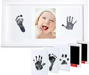 Hiumotan Baby Hand and Footprint Kit,Inkless Baby Handprint Kit with 2 Safe Clean-Touch Inkless Ink Pads and a Wooden Baby Picture Frames for Newborn,Baby&Pet,Baby Gift Kit for New Parent,Grandparent,Baby Shower-White