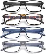 JAWSOCK 4 Pack Reading Glasses for Men Women Rectangular Frame Computer Readers with Spring Hinge