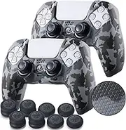 Grip Texture Silicone Skin for PS5 Controller x 2(Grey Camouflage) with Pro Thumb Grips x 8