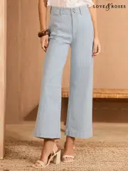 Love & Roses Blue Stripe Double Button Waistband Crop Wide Leg Jeans (AR2669) | $111
