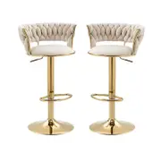 2x Height Adjustable Swivel Bar Stool Velvet Golden Base Barstools Chairs Padded Seat- Beige