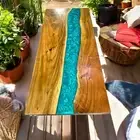 Blue Epoxy Resin Center Dining Table Live Edge Wooden Console Bar Desk Luxury