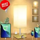 Dimmable Bedside Table Lamp with USB Charger & Outlet, Fabric Shade, LED Bulb