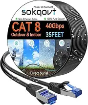 Sokqovt Cat 8 Ethernet Cable Slim 35ft Outdoor&Indoor, Pure Copper Cat8 Internet Cable for Waterproof & Direct Burial, Flexible Cat8 Ethernet Cable 40G 2000MHZ, Cat 8 Network Cable for Indoor Black