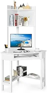 Costway Corner Computer Desk with Hutch, Home Office Desk with Keyboard Tray & Storage Shelves, Triangle Study Writing Desk with Bookshelves, Workstation Desk for Small Space