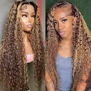Ombre Lace Front Wig Human Hair Highlight Water Wave 13x4 HD Transparent Wet and Wavy Lace Frontal Wigs 180% Density 4/27 Water Wave Honey Blonde Human Hair Pre Plucked with Baby Hair 18 INCH(28 INCH)