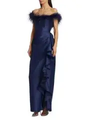 Badgley Mischka Off Shoulder Ostrich Feather Mikado Asymmetrical Ruffle Gown * 4