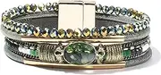 [FANCY SHINY] Leather Wrap Bracelets Crystal Beads Bracelet Boho Cuff Stone Charm Bracelets with Clasp Costume Jewelry for Women
