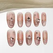 Sun&Beam Nails Handmade Press-on Medium Long Oval Pink Rhinestone French Magnet Design Fashion False Nail Tips 10 Pcs Set (#211 XS)