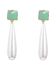 Liv Oliver 18K Plated 35.00 ct. tw. Sea Green Chalcedony & 10x30mm Pearl Drop Earrings