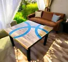 Blue Epoxy Resin Coffee Table Top Acacia Wood Living Room Balcony Furniture Deco