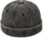[QOHNK] Mens Flattop Brimless Hats Washed Denim Cap Retro Adjustable Brimless Hip Hop Hats Brimless Skull Caps