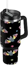 RPLIFE Stainless Steel Insulated Tumbler with Lid and Straw, 1134 oz Tumbler with Handles for Men Women Travel Cute Cartoon Bats Colorful Rainbow Wings