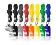 Set of 8 whistles with referee cord, Stainless/Plastic, Multicolor